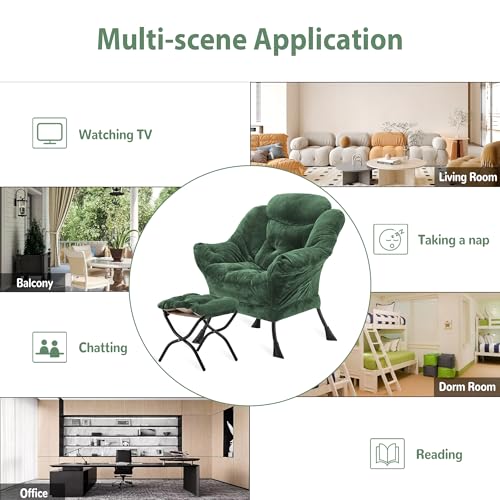 Youtanic Lazy Chair with Folding Ottoman, Accent Chair Plush Upholstered with Metal Structure and Non-Slip Pads, Sofa Armchair with Footrest and Side Storage Bag for Dorm, Room, Office, Green - color: Plush Green