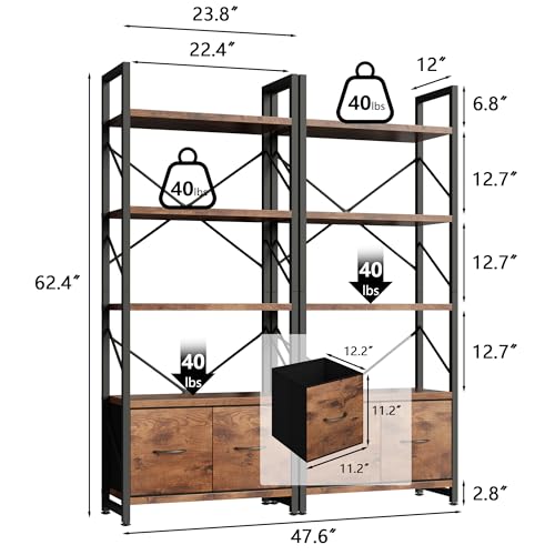 Shintenchi 5 Tier Bookshelf with Drawers, Display Standing Shelf Units, Wood and Metal Bookshelves Storage Organizer, Bookcase for Home Office Bedroom, Kitchen, Living Room, Rustic Brown - size: 23.8'' W x 12'' D x 62.4'' H-2 Drawers