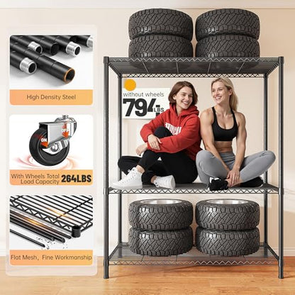REIBII 4-Tier Shelving Unit with Cover, Dustproof, with Wheels for Pantry | Heavy-duty steel, 794 lbs capacity, Dustproof cover with zippered access, 4 lockable wheels, Adjustable, Tool-free assembly - size: 36" W x 14.3" D x 56.5" H