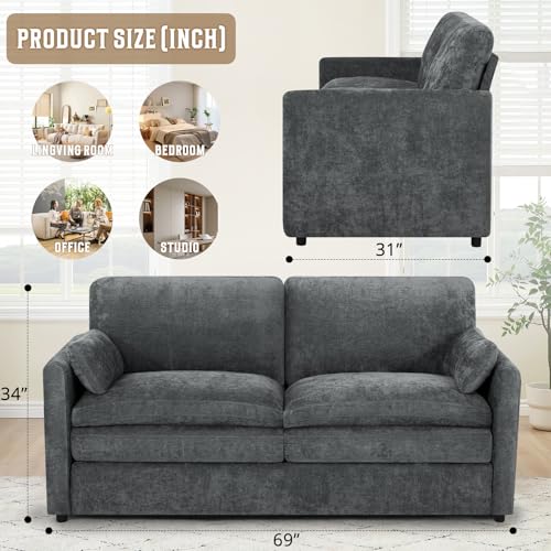 69" Chenille Soft Sofa w/Well-Filled Backrests, Grey | Modern Loveseat w/Plump Pillows, 2 Seater Upholstered Couch w/Thick & Comfy Cushions for Living Room, Bedroom - color: Grey, size: Loveseat