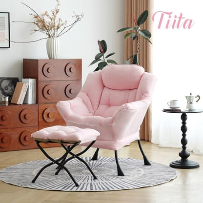 Lazy Chair with Ottoman, Comfy Reading Accent Chair, Pink | Foldable Footrest, Padded Seat and Backrest, Side Pocket for Lounging in Living Rooms, Bedrooms, Dorms and Small Spaces - color: Peach Skin Pink