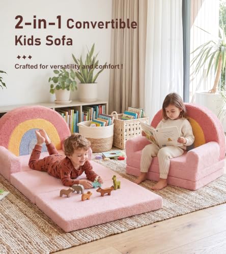 little dove Extra Wide Soft Kids Couch Fold Out, 2-in-1 Kids Couch, Convertible Kid Sofa, Kid Furniture for Playroom, Ideal Gifts for Boys & Girls Ages 3+, Pink