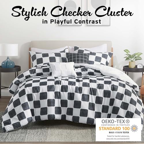 Intelligent Design Black/White Checkered Print Queen Comforter Set, 5pc | Bedding Full Size, Girls Bedroom, Lightweight, All-Season, Machine Washable, Easy Care, Cozy, Breathable, Soft - color: Black/White, size: F/Q Comforter
