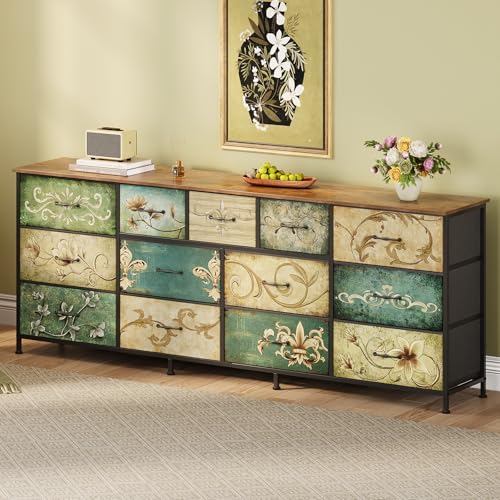 Dresser for Bedroom Chest of Drawers Fabric Dresser for Closet, Nursery Entryway Hall Tree TV Stand for Living Room Retro Floral Pattern Wooden Top (13 Drawers) - size: 13"D x 70.9"W x 26.8"H (13 Drawers)