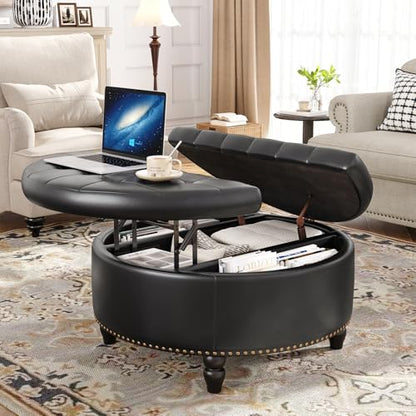 FiveWillowise 30 Inch Large Round Ottoman with Storage Circular,Black | Leather Coffee Table with Lift Top,Modern Upholstered Button Tufted Footrest Stool Solid Wood Legs for Living Room,Bedroom - color: Black