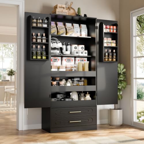 Gyfimoie 66" Kitchen Pantry Cabinet with 3 Pull Out Shelves & Deep Drawers, Tall Storage Cabinet with 6 Door Shelves & Adjustable Shelf, Freestanding Cupboard for Dining Room, Living Room,Black - color: Black
