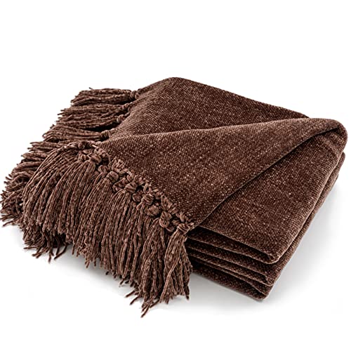RECYCO Chenille Throw Blanket for Couch, 60"x80", Brown | Super Soft Knit Throw Blanket with Fringe Tassels, Lightweight Knitted Throw, Cozy, Ideal for Sofa Chair Bed Living Room Gift - color: Brown, size: 60'' X 80''