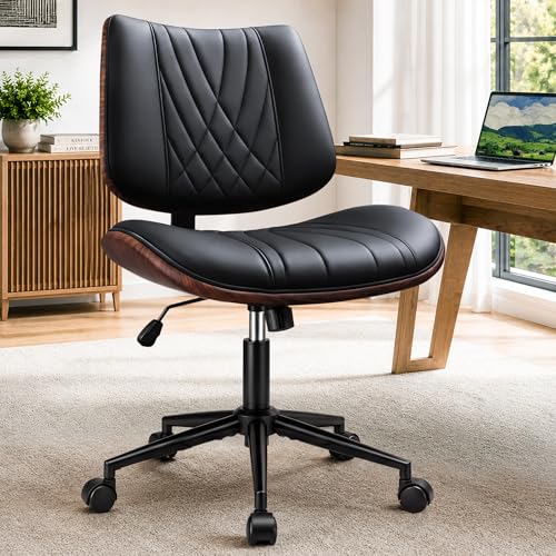 Armless Office Chair, Small Comfy Leather Desk Chair with Wheels | PU Leather, Adjustable Height, Swivel Rolling, Mid Back Computer Chair, Home Bedroom Meeting Room, Black - color: Black