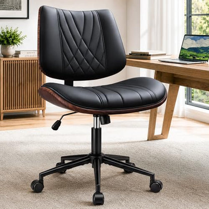 Armless Office Chair, Small Comfy Leather Desk Chair with Wheels | PU Leather, Adjustable Height, Swivel Rolling, Mid Back Computer Chair, Home Bedroom Meeting Room, Black - color: Black