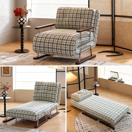 JASIWAY Single 3 in 1 Convertible Sofa Bed Chair with Adjustable Backrest, Checkered Fold Out Chair Bed with Pillow Fits for Small Space, Living Room, Bedroom, Ergonomic Comfort, Chestnut Brown