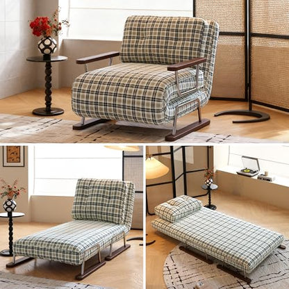 JASIWAY Single 3 in 1 Convertible Sofa Bed Chair with Adjustable Backrest, Checkered Fold Out Chair Bed with Pillow Fits for Small Space, Living Room, Bedroom, Ergonomic Comfort, Chestnut Brown