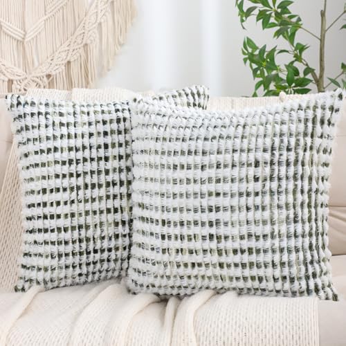 LUOYEHK Boho Throw Pillow Covers 20x20 Inch Set of 2 Farmhouse Neutral Pillow Covers Chenille Tufted Pillowcase for Couch Sofa Bed Living Room, Green White - color: Green White, size: 20" x 20" (Pack of 2)