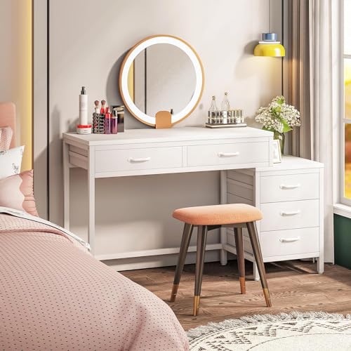 Tribesigns Computer Desk with 5 Drawers, Reversible Home Office Desks | Small Desk with Drawer Cabinet Printer Stand, PC Desk with Storage, White Study Writing Table Workstation for Small Spaces - color: White