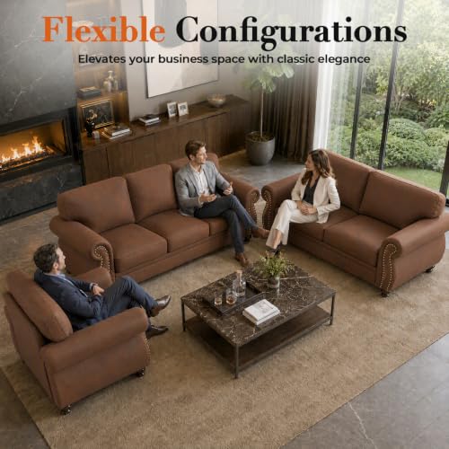 88" W Living Room Furniture Sets, 3-Seater&2 Single, Caramel Rust | Faux Leather Fabric Sofa and Couch Sets, Mid-Century 3-Seater Sofa Set with Nailhead Trim - color: Caramel Rust, size: L-5 seat