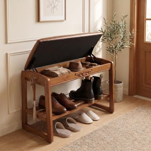 Shoe Storage Bench Shoe Rack Bench with Storage 2 Tier Wooden Shoe Rack | Solid wood shoe bench flip-top storage cushioned seat weight capacity of 550 lb side hooks walnut finish 23.6" W - size: 23.6"