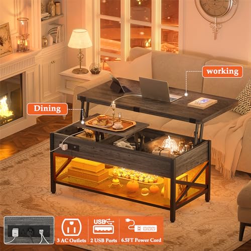 Aheaplus Coffee Table Lift Top Multi-Function Coffee Table Converts to Dining Table, with LED Light and Power Outlet, Center Table with Shelves for Living Room Reception Home Office, Black Oak - color: Black Oak
