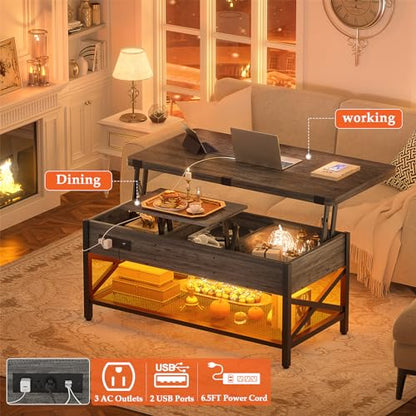Aheaplus Coffee Table Lift Top Multi-Function Coffee Table Converts to Dining Table, with LED Light and Power Outlet, Center Table with Shelves for Living Room Reception Home Office, Black Oak - color: Black Oak