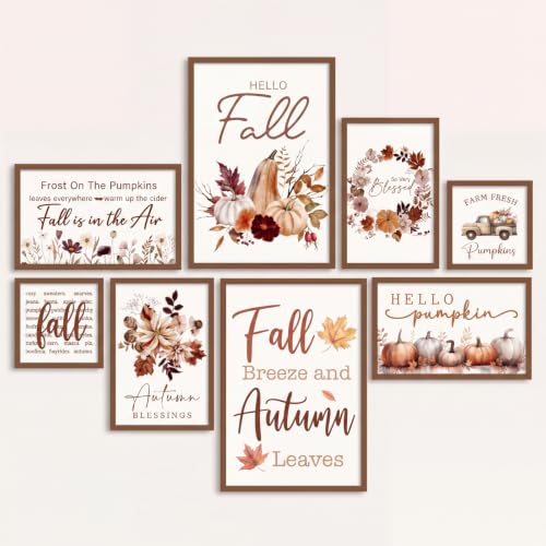 Faccito 8 Set Fall Wall Art Decor, Farmhouse, Hello Fall Pumpkin, Wooden | Fall Pumpkin Wall Decor, Harvest Wooden Framed, Rustic Watercolor Maple Leaf Wall Decor, for Home Living Room Kitchen Bedroom - style: Fall
