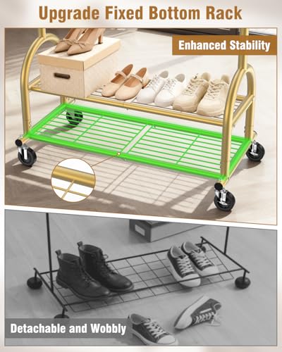 Heavy Duty Clothes Rack for Hanging Clothes Load 556 LBS, Height Adjustable Rolling Clothing Racks, Portable Metal Coat Rack Garment Wardrobe with Wheels and Shelves for Bedroom Laundry, Gold - color: Gold, style: 2 Shelves