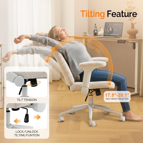 VINGLI Criss Cross Chair with Adjustable Flip-Up Arms,Cross Legged Chair with Wheels,Extra Wide Office Chair,Desk Chair for Home Office,Vanity,Bedroom, Apartment,Starry Chenille,White - color: White