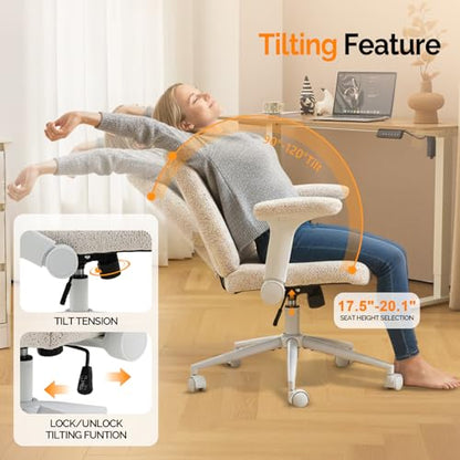 VINGLI Criss Cross Chair with Adjustable Flip-Up Arms,Cross Legged Chair with Wheels,Extra Wide Office Chair,Desk Chair for Home Office,Vanity,Bedroom, Apartment,Starry Chenille,White - color: White