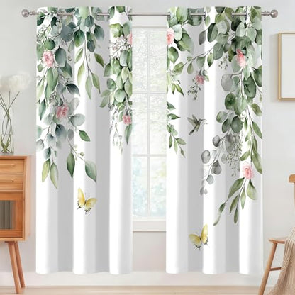 Green Botanical Eucalyptus Blackout Curtains, 2 Panels 42x84 Inch | Green Leaves and Pink Flower Butterfly Bird Design Nature Plant Botanical Room Darkening Curtains for Bedroom - color: Pink, size: 42"W x 84"L (Pack of 2)