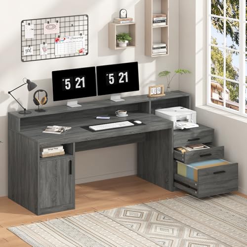 65" Computer Desk with 3 Drawers & Printer Shelf for Home Office | Office Desk with Printer Shelf & File Drawer, Executive Desk Writing Study Table with Monitor Stand, Dark Grey - color: Dark Gray
