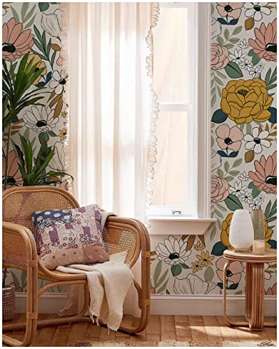 HAOKHOME Floral Peel and Stick Wallpaper Cream Vintage Daisy Leaf Nursery | Textured Removable Waterproof Renter Friendly Wall Paper Cottagecore Farmhouse Sand Olive Bathroom Kid Bedroom 17.7in x 9.8ft - color: White/Sand/Oliva, size: S：17.7in x 9.8ft