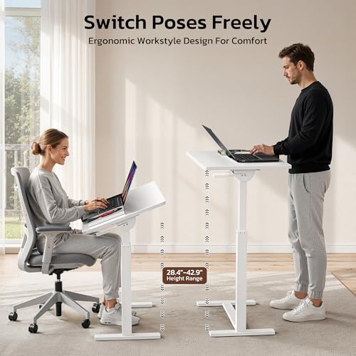 Mobile Standing Desk Adjustable Overbed Table, Pneumatic Height Adjustable Rolling Laptop Desk with Hidden Wheels, 0-180°Tilt Top Rolling Computer Cart Foldable for Home Office, Craft & Study, White - color: White, style: Fully Tiltable