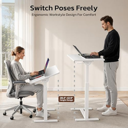 Mobile Standing Desk Adjustable Overbed Table, Pneumatic Height Adjustable Rolling Laptop Desk with Hidden Wheels, 0-180°Tilt Top Rolling Computer Cart Foldable for Home Office, Craft & Study, White - color: White, style: Fully Tiltable