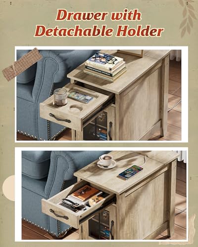 WLIVE End Table with Charging Station, Narrow Side Table for Living Room, Farmhouse Night Stand with Storage, Small Wooden Cabinet Nightstand with USB Ports and Outlets, 23.62" D x 13.78" W x 23.62" H - color: Greige Beige