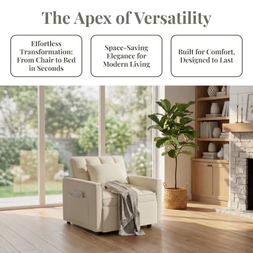 Sleeper Chair with Pull Out Bed, 3 In1 Convertible Couch Bed, White | Adjustable Backrest,Soft Cushioning,Handy Side Pocket - color: D-white-g5