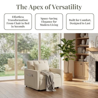 Sleeper Chair with Pull Out Bed, 3 In1 Convertible Couch Bed, White | Adjustable Backrest,Soft Cushioning,Handy Side Pocket - color: D-white-g5