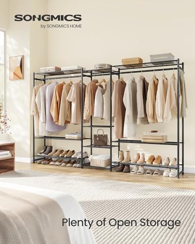 SONGMICS Portable Closet Wardrobe, Clothes Rack, Closet Organizers and Storage, Freestanding Clothing Rack with 10 Shelves, 3 Hanging Rods, Metal Frame Rack, for Bedroom, Entryway, Black ULGR011BZ03S - size: 81.3"L
