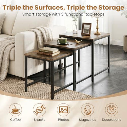 Giantex Nesting Coffee Table Set of 3, Small Center Tables for Living Room | Modern Coffee Table with Metal Frame, Space-Saving Stacking End Table for Small Space - color: Rustic Brown