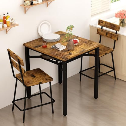 Hooseng 3 Piece Bar Table and Chairs Set, Counter Height Small Dining Table with 2 Bar Stools, Farmhouse Square Kitchen Table with Storage for Bistro, Pub, Small Space - color: Brown
