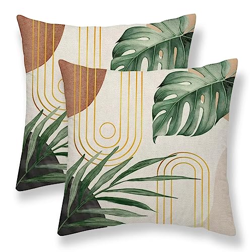 Boho Pillow Covers 16x16 Set of 2, Mid Century Abstract Bohemian Leaves Decorative Outdoor Throw Pillow Covers Summer Outdoor Modern Cushion Case Linen Square Decor for Home Couch Sofa - color: Green-2, size: 16" x 16" (Pack of 2)