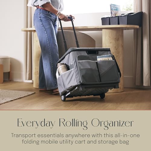 Folding Mobile Utility Cart, Canvas Organizer Bag, Dark Grey/Grey | Durable plastic, 30 compartments, adjustable handle, 40 lb capacity, collapses to 3" thick, rolling wheels for easy transport - color: Dark Grey/Grey