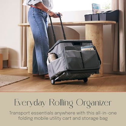 Folding Mobile Utility Cart, Canvas Organizer Bag, Dark Grey/Grey | Durable plastic, 30 compartments, adjustable handle, 40 lb capacity, collapses to 3" thick, rolling wheels for easy transport - color: Dark Grey/Grey