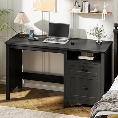Farmhouse Executive Desk with Charging Station, 45″ Home Office Computer Desk with Drawer & Open Shelf, Writing Desk for Small Space,Black - color: Black