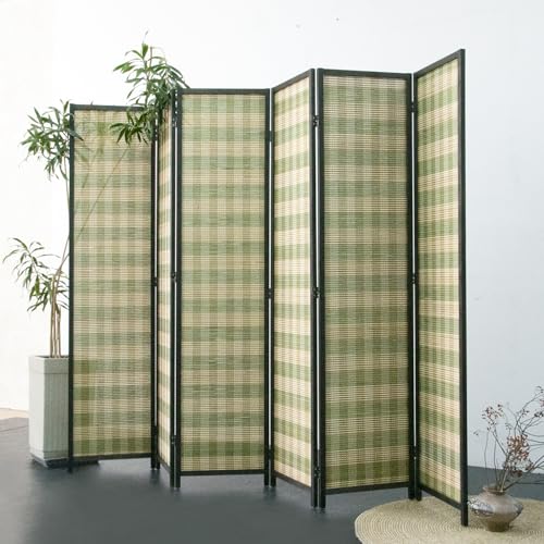 6 Panel Bamboo Room Divider, Green Stripe Folding Privacy Screen | 5.6 ft Folding Screen Divider, Divider for Room Separation, Freestanding Room Partition Screen, Double-Sided Panel Screen - color: Green Stripe, size: 6 Panel