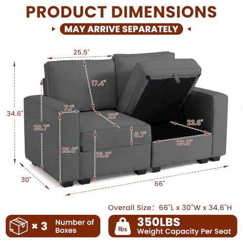 Small Sectional Couches with Storage for Living Room, Modular Loveseat Sofa with Removable Chenille Cover & USB Charging, Comfy Living Room Couch, Grey - color: Grey