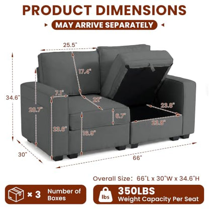 Small Sectional Couches with Storage for Living Room, Modular Loveseat Sofa with Removable Chenille Cover & USB Charging, Comfy Living Room Couch, Grey - color: Grey