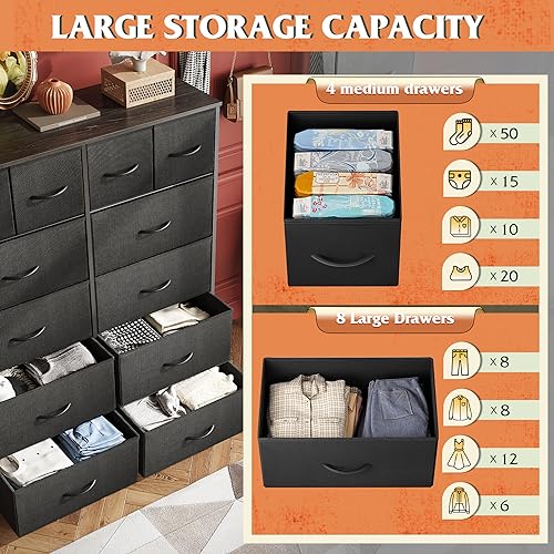 WLIVE 12 Drawer Tall Black Fabric Dresser Bedroom Storage Chest | Black tall 12-drawer fabric dresser with wood top, modern storage tower for bedroom home office closet living room - color: Charcoal Black