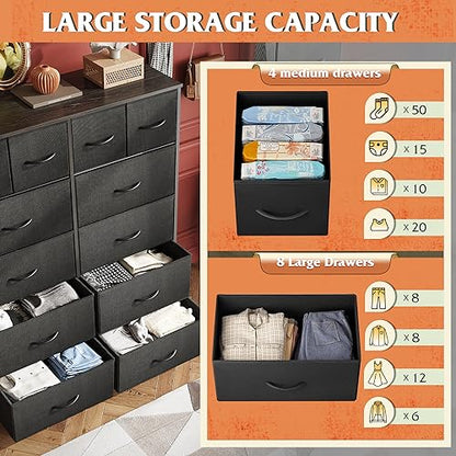 WLIVE 12 Drawer Tall Black Fabric Dresser Bedroom Storage Chest | Black tall 12-drawer fabric dresser with wood top, modern storage tower for bedroom home office closet living room - color: Charcoal Black