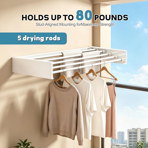 Wall Mounted Clothes Drying Rack 31.5" Wide，Foldable Wall Mount Laundry Rack with 5 Aluminum Rods,Retractable and Foldable Space-Saving Wall Mounted Clothes Drying Rack White