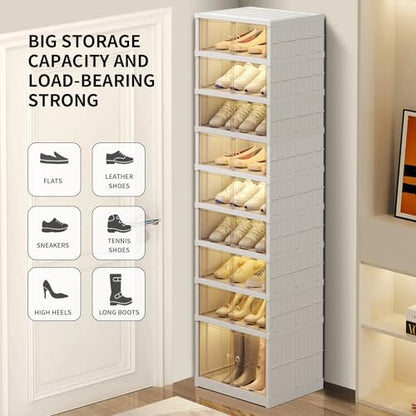 CIMLORD 9-Tier Foldable Shoe Rack, Magnetic Doors, 18 Pairs, White | Collapsible Plastic Shoe Cabinet, Stackable, Clear Doors, Bottom Wheels, Fits Boots, Easy Assembly, Closet & Entryway - size: 9 Tiers 18 Pairs