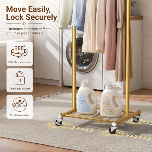 MISSLO 18" Small Clothes Racks for Hanging Clothes Arched Shape Gold Clothing Rack with Wheels 70" Metal Rolling Garment Rack with Shelves for Small Space, Bedroom, Laundry, Gold - color: Gold