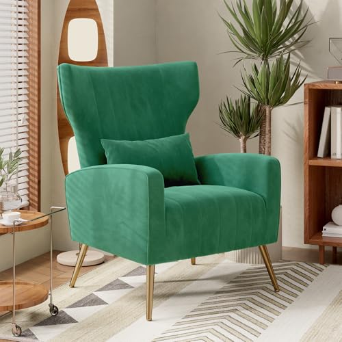 Nebuaegis Green Velvet Accent Chair Set of 4, Wingback Chair for Living Room, High Back Arm Chair with Golden Legs Lumbar Pillow, Upholstered Single Sofa Bedroom - color: Green, size: Set of 4