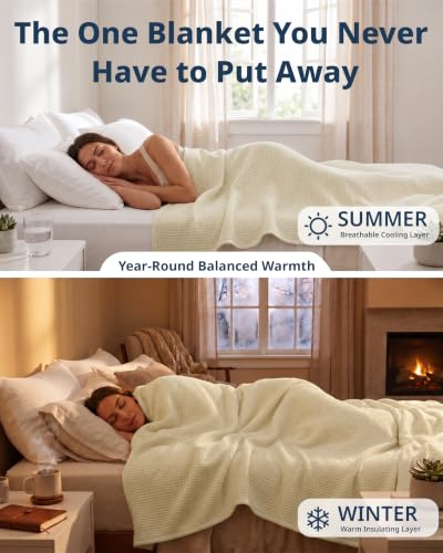 LANE LINEN Queen Blanket - 300 GSM Cotton - Warm & Cozy Blanket - Softer, Durable, Breathable & Classic Waffle Texture - Great for Everyday Bed Use & Relaxing on Couch - 90x90 inches - Sugar Swizzle - color: 07: Sugar Swizzle, size: Queen